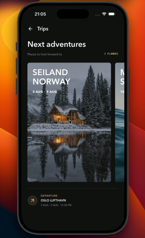 Trips native app recording, showing forward and return shared element transitions